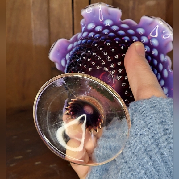 Fenton Art Glass Plum Opalescent Hobnail Ruffled Compote. - Picture 3 of 17